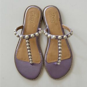 Jewel Badgley Mischka Purple Tan T-Strap Sandals